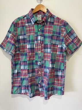Brooks Brothers Men’s Patchwork Madras Polo Button-Down Short Sleeve Shirt